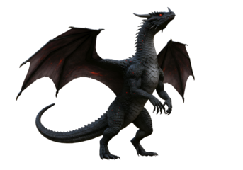 Dark majestic dragon with red eyes and large wings standing against black background