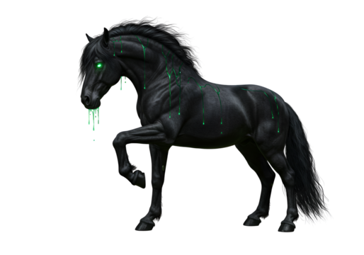 Dark mystical black horse with glowing green digital effects and dripping elements in a dark