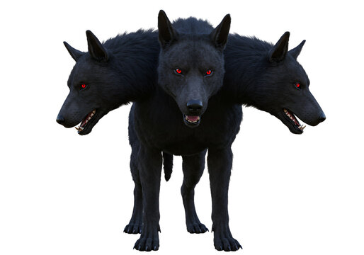 Dark three-headed wolf with glowing red eyes and menacing appearance in a black background - Powered by Adobe