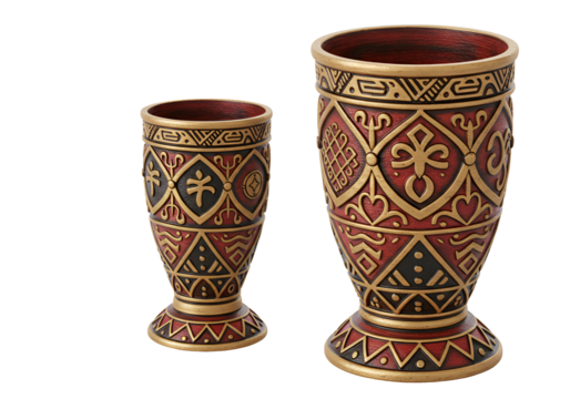 Decorative African tribal drums with intricate geometric patterns in red black and gold set