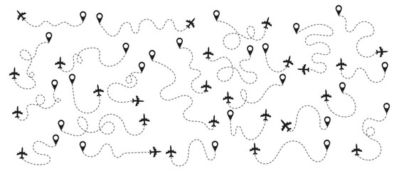 Airplane routes set.Plane route line.Planes dotted flight pathway.Plane paths. Aircraft tracking, planes, travel map pins location pins. Romantic travel, heart dashed line trace and plane routes eps10