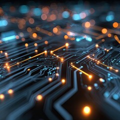 Close-up view of glowing circuit board with intricate pathways