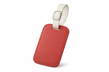 3d rendering of a red leather luggage tag with a white strap, isolated on a transparent background, perfect for travel and identification purposes