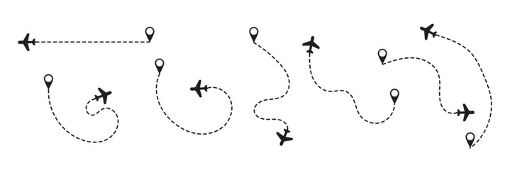 Airplane line path icon set. Vector illustration of air plane flight route with line trace on white background. map pins, location pins. Travel from start point and dotted line tracing. EPS 10 © Hello 