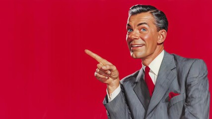 Man in gray pinstripe suit gestures confidently, showcasing a dynamic expression while pointing, with a vibrant red background enhancing the visual impact of the engaging scene progression