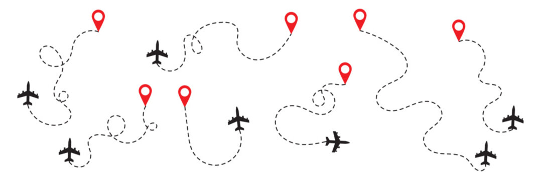 Airplane line path icon set. Vector illustration of air plane flight route with line trace on white background. map pins, location pins. Travel from start point and dotted line tracing. EPS 10