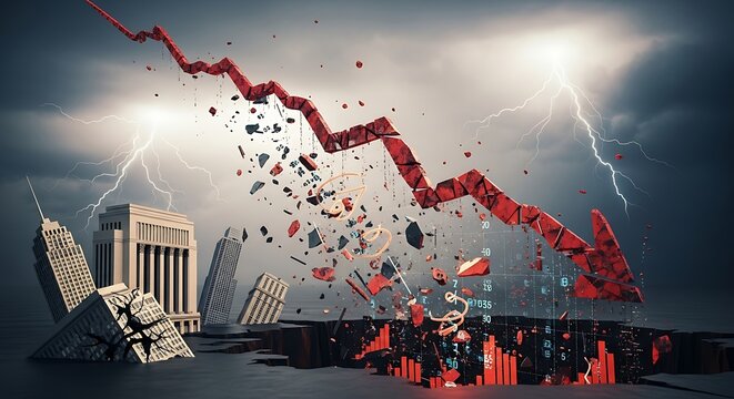 Dramatic depiction of a collapsing economy with falling graph and crumbling cityscapes and