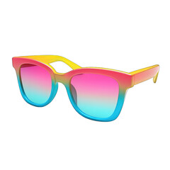 Colorful square sunglasses with a pink, blue, and yellow ombre gradient lens and frame
