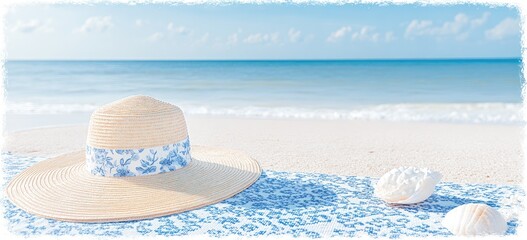 Light beige straw sun hat with a blue floral band, resting on a patterned beach towel, on a white sandy beach with a turquoise ocean