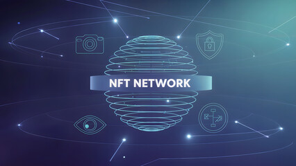 Nft network concept with globe and icons representing security camera and eye on a blue background