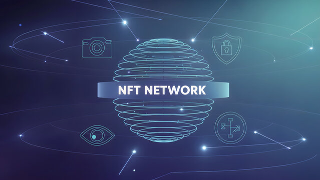 Nft network concept with globe and icons representing security camera and eye on a blue background