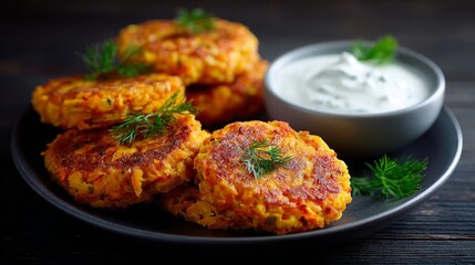Carrot and pumpkin patties with a yogurt dip, food fotography, 16:9
