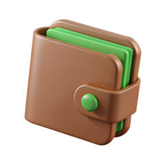 3D Minimalist Brown Wallet with Green Cards Icon