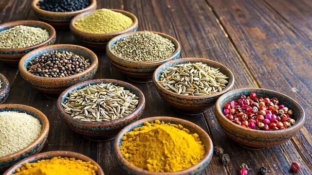 Colorful assortment of spices in bowls on a wooden table, showcasing culinary diversity and flavor