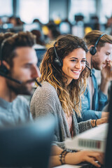 A busy tech company floor with people in headsets A virtual assistant is answering routine employee questions