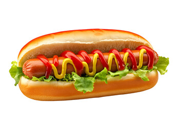 Close-up of hot dogs with toppings, American street food concept, hyper-realistic, isolated on white background