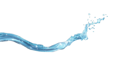 A dynamic, stylized depiction of flowing water, exhibiting a glistening, translucent quality with sparkling highlights and a sense of motion, culminating in a spray of droplets