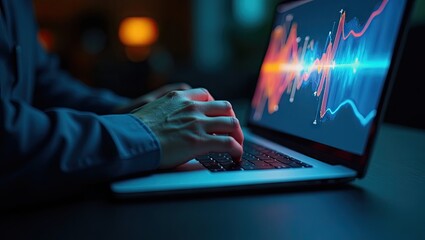 Close-up of hands typing on a laptop displaying financial data.