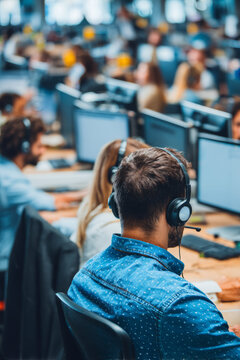 A busy tech company floor with people in headsets A virtual assistant is answering routine employee questions