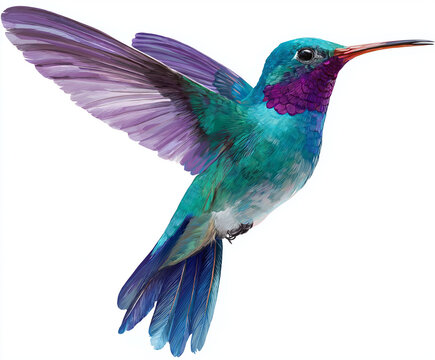 A vibrant hummingbird with outstretched wings on a white background view