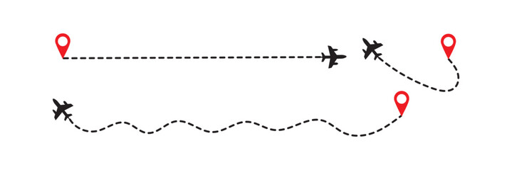 Travel concept Dotted path airplane Aircraft tracking. Line path vector icons of air plane flight routes with start point and dash line trace © Hello 