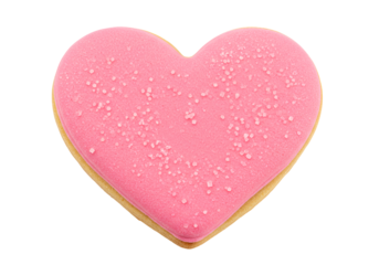 Delicate pink heart-shaped cookie with sugar sprinkles against black background
