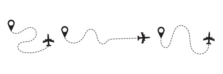 Obraz premium Travel concept Dotted path airplane Aircraft tracking. Line path vector icons of air plane flight routes with start point and dash line trace