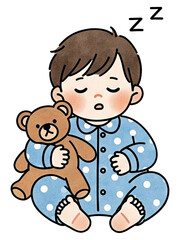 Obraz premium A sleeping child in blue polka-dot pajamas holds a brown teddy bear, conveying a sense of comfort and innocence.
