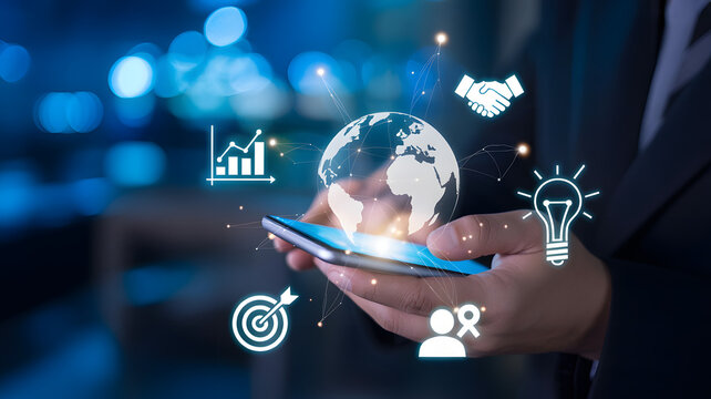 Person holding smartphone with global network and business icons over blue blurred background