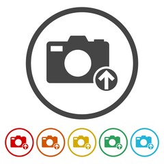 Camera, photo upload icon. Set icons in color circle buttons