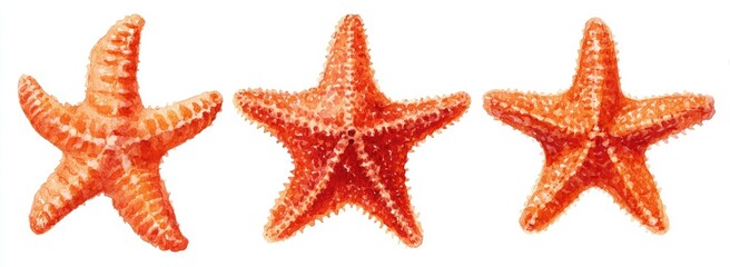 Three vibrant orange starfish, isolated on white