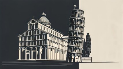 Iconic Pisa Architecture: Leaning Tower and Cathedral, Minimalist Black and White