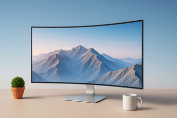 Fototapeta premium Curved screen displaying mountain landscape with potted plant and mug curved monitor