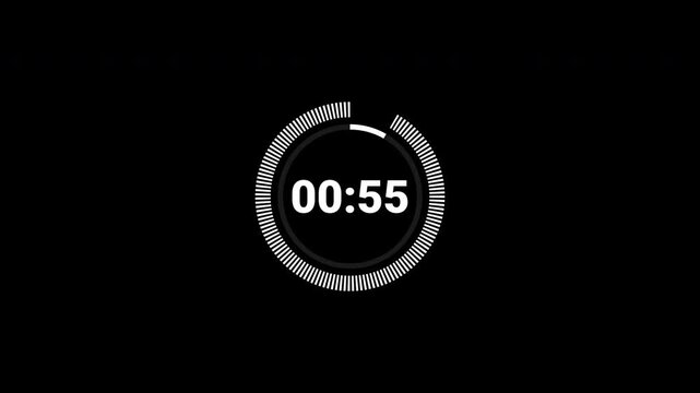 1 minute timer, stopwatch countdown animation on black background. 4K Video
