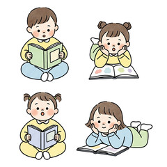 Four children engaged in reading, exhibiting a range of emotions from surprise to curiosity while enjoying various books and magazines.