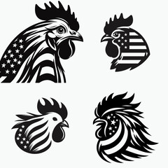 Obraz premium Chicken head with american flag print on. Independence Day 4th of July Patriotism Usa America Clipart Line Art Vector Illustration. Fowl face stars and stripes pattern graphic upon it.