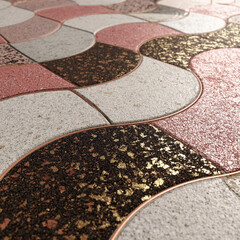 Bauhaus curve mesh with terrazzo overlays and metallic copper
