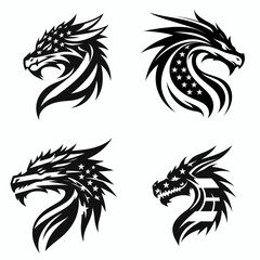 Fototapeta premium Dragon head with american flag print on. Independence Day 4th of July Patriotism Usa America Clipart Line Art Vector Illustration. Mythical reptile face stars and stripes design over garment.