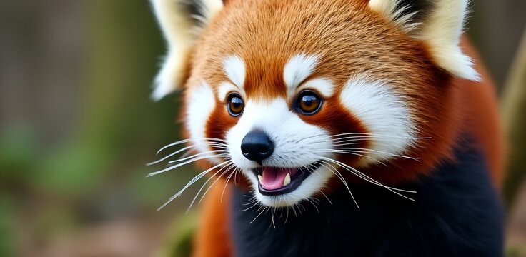 Closeup portrait of a cute red panda with bright eyes and detailed fur in a natural forest setting