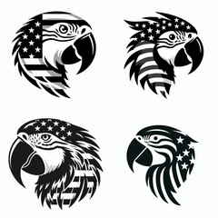 Obraz premium Parrot head with american flag print on. Independence Day 4th of July Patriotism Usa America Clipart Line Art Vector Illustration. Bird face stars and stripes pattern upon.