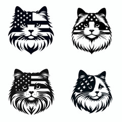 Obraz premium Ragdoll Cat head with american flag print on. Independence Day 4th of July Patriotism Usa America Clipart Line Art Vector Illustration. Feline face stars and stripes design pet portrait.