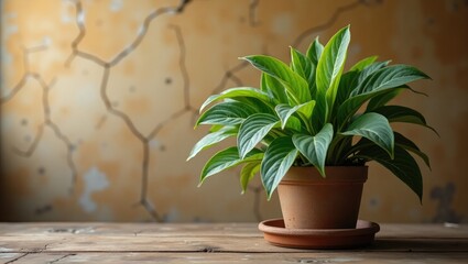 Vibrant houseplant in terracotta pot against a textured backdrop.