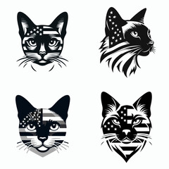 Siamese Cat head with american flag print on. Independence Day 4th of July Patriotism Usa America Clipart Line Art Vector Illustration. Asia feline face united states banner pattern upon.