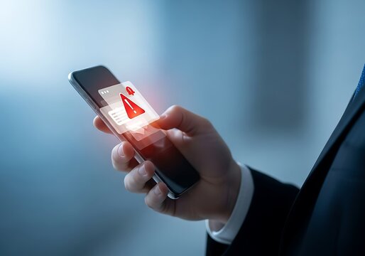 Man holding a smartphone displaying a warning notification alert