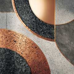 Bauhaus curve mesh with terrazzo overlays and metallic copper