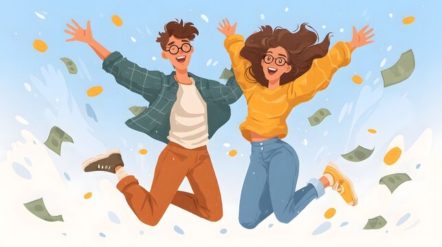 Two friends jumping for joy as money rains down around them
