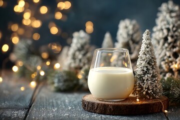 Glass of milk with holiday Christmas trees backdrop  
