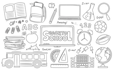 Back to School – Cute School Item Design Elements for School Children and Classroom Stationery to Study and Learn_monotone line
