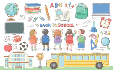Back to School – Cute School Item Design Elements for School Children and Classroom Stationery to Study and Learn