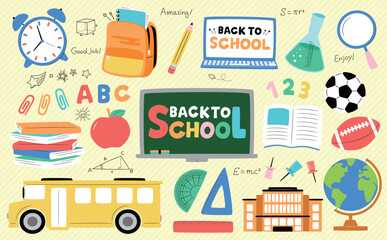 学校や教室の手書きかわいいイラストセット_新学期や入学・勉強に_フラットと落書き風シンボル